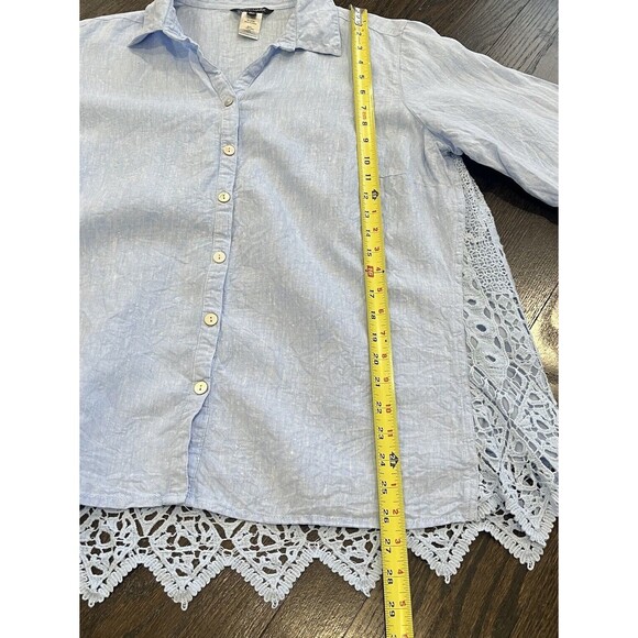 John Mark Top Women’s 0X Blue Button Up Linen Cotton Lace Back Roll Tab Sleeve - Picture 6 of 8